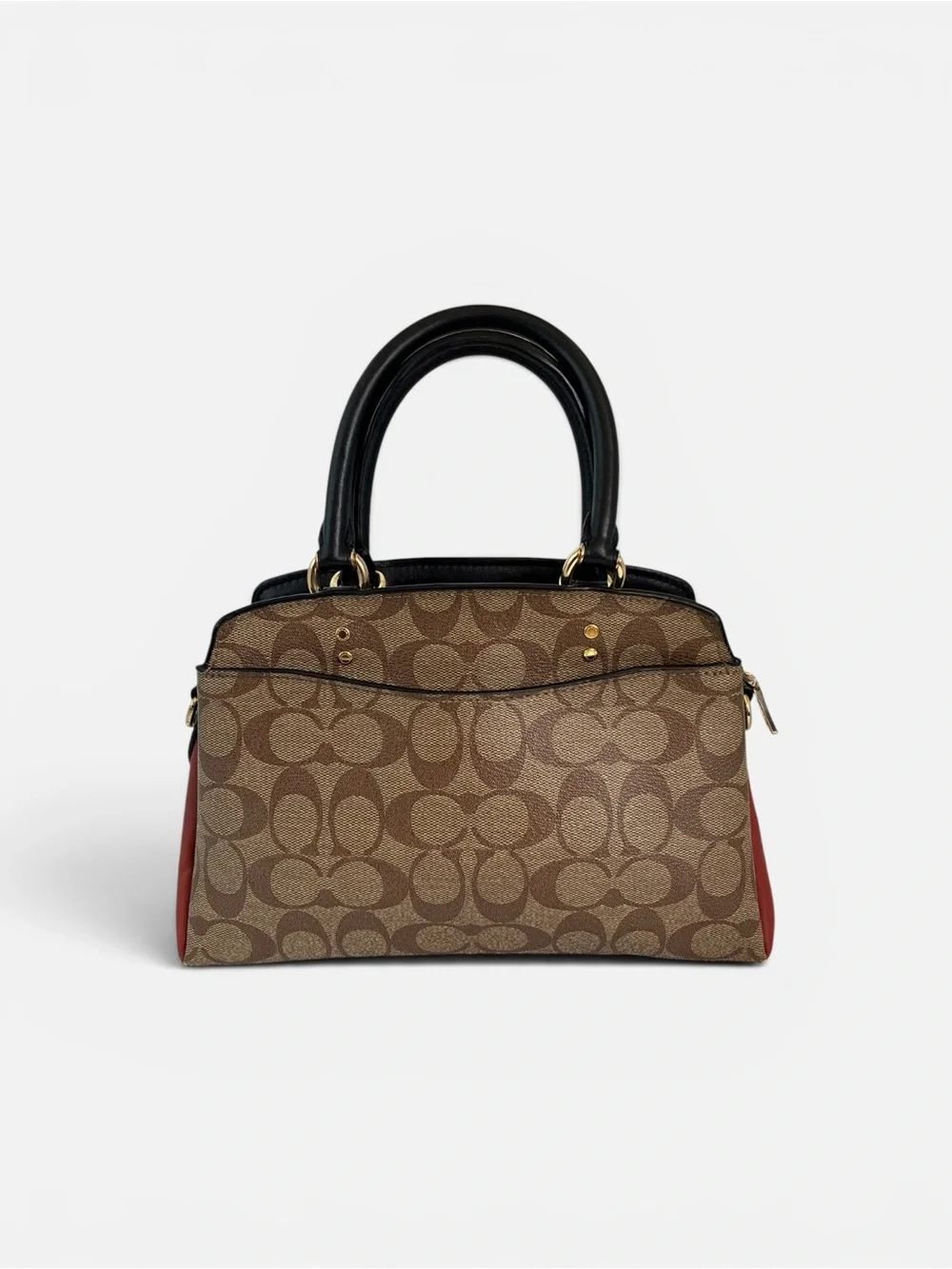Coach Brown Signature Satchel with Black Handles and Red Sides